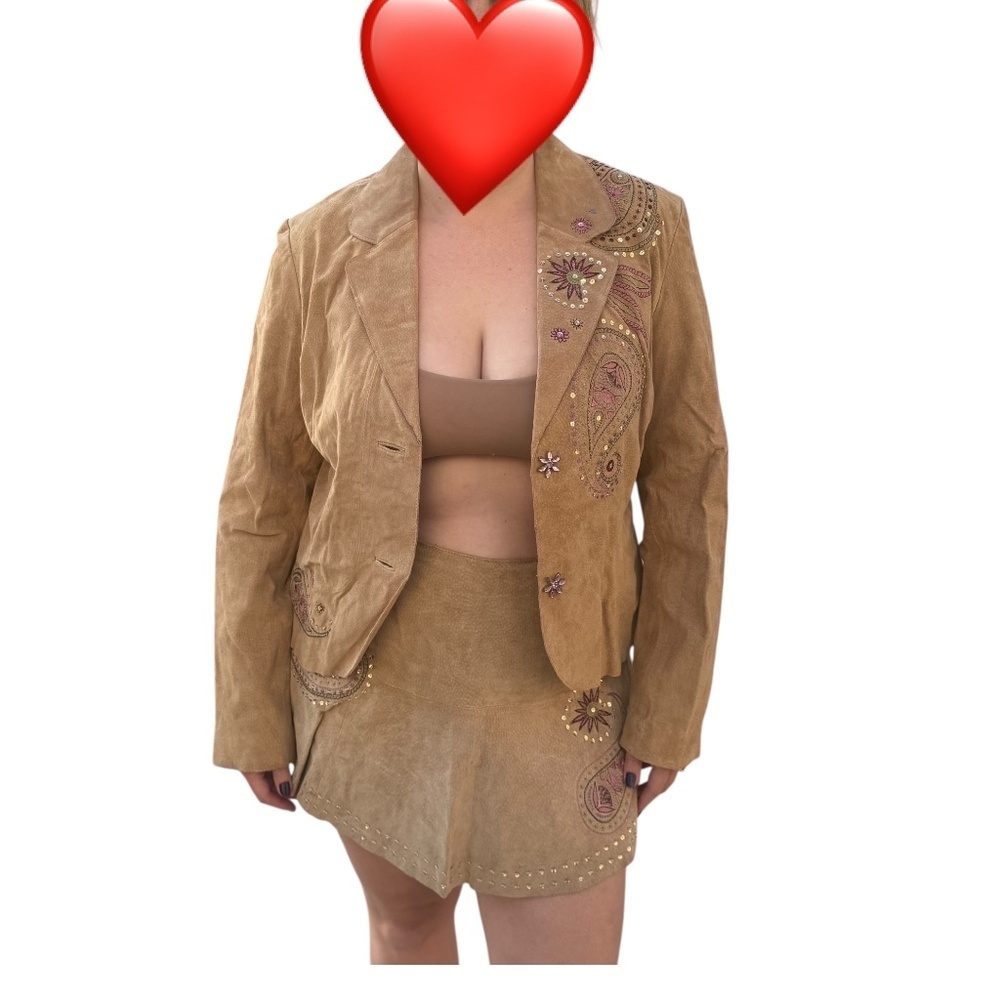 Vintage Y2K Genuine Leather Suede Jacket Mini Skirt Set Embellished